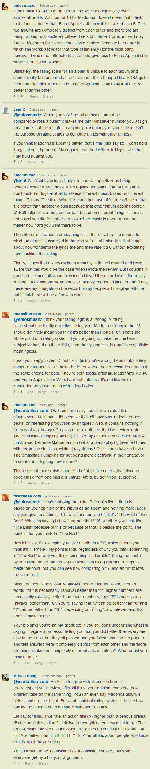 Jeni C and me arguing with Enio Chiola from Pop Matters about his album ratings
