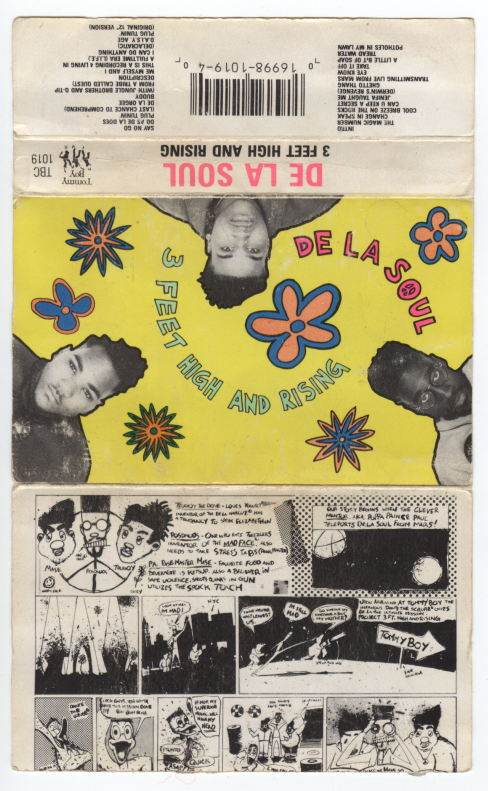 the paper sleeve for De La Soul's 3 Feet High And Rising album on cassette the paper sleeve for De La Soul's 3 Feet High And Rising album on cassette