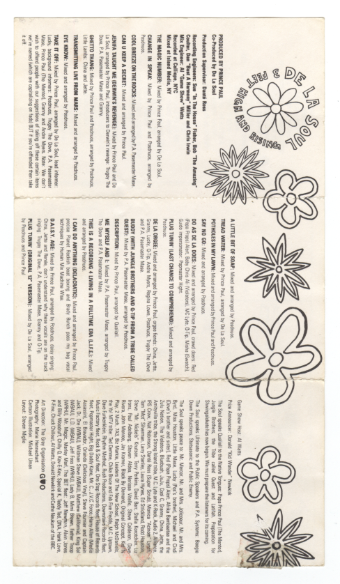 the paper sleeve for De La Soul's 3 Feet High And Rising album on cassette the paper sleeve for De La Soul's 3 Feet High And Rising album on cassette